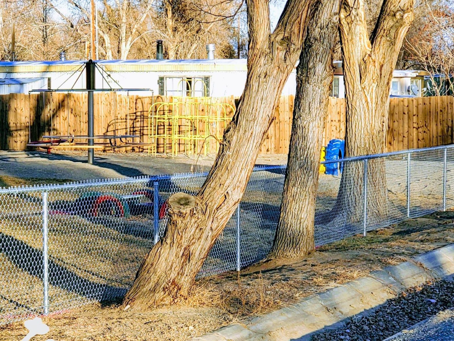 Photo of a residential chain link fence around a playground