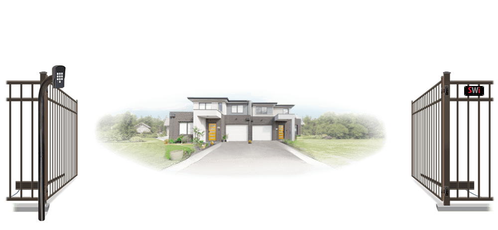 Metal swinging estate gate in open position