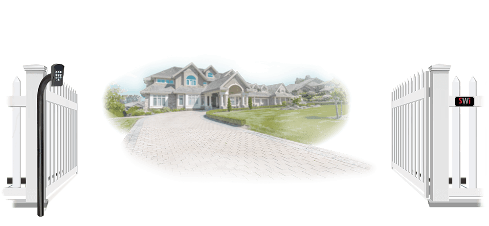 Vinyl swinging estate gate in open position