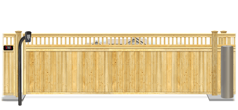 Wood sliding estate gate in closed position