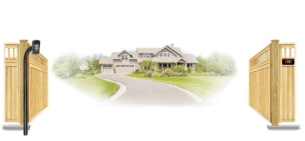 Wood swinging estate gate in open position