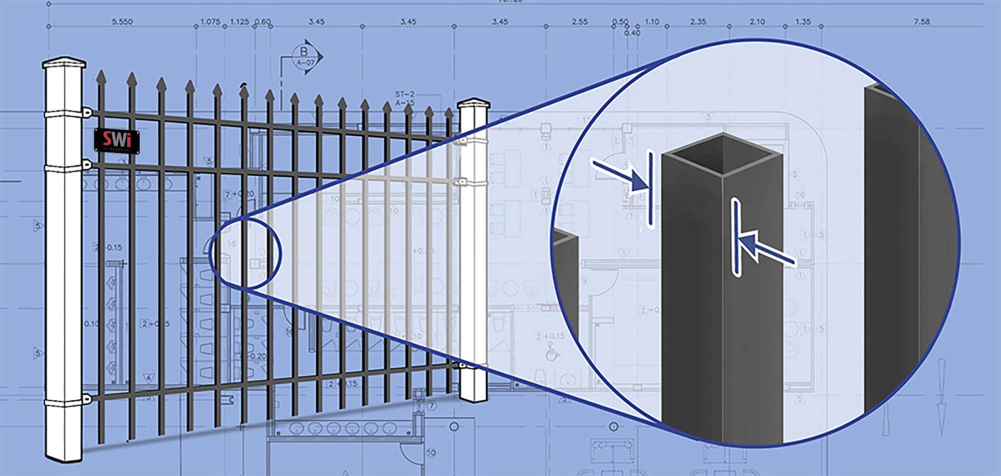 Close up of a hollow ornamental-steel fence post