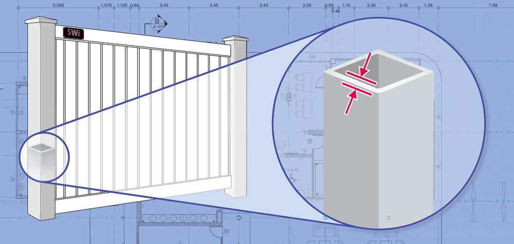Close up of a hollow vinyl fence post for concrete fill