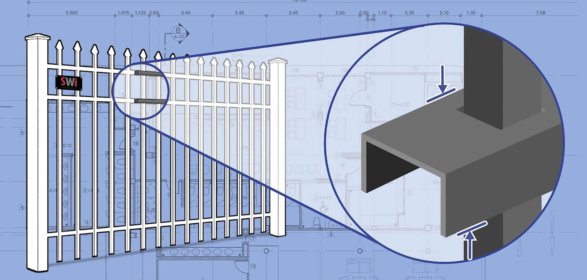 Close up of a hollow Wrought Iron fence post
